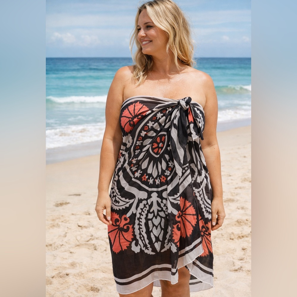 Oversized semi sheer Beach Cover Up Scarf Wrap Sarong Black Coral Boho 70x34